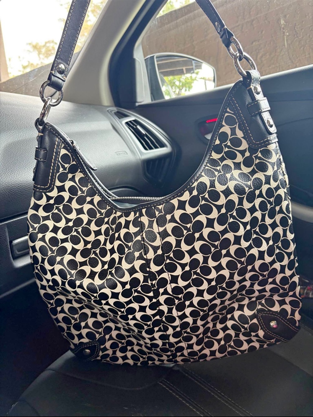 Coach Black and Cream Signature C-Pattern Hobo Shoulder Bag
